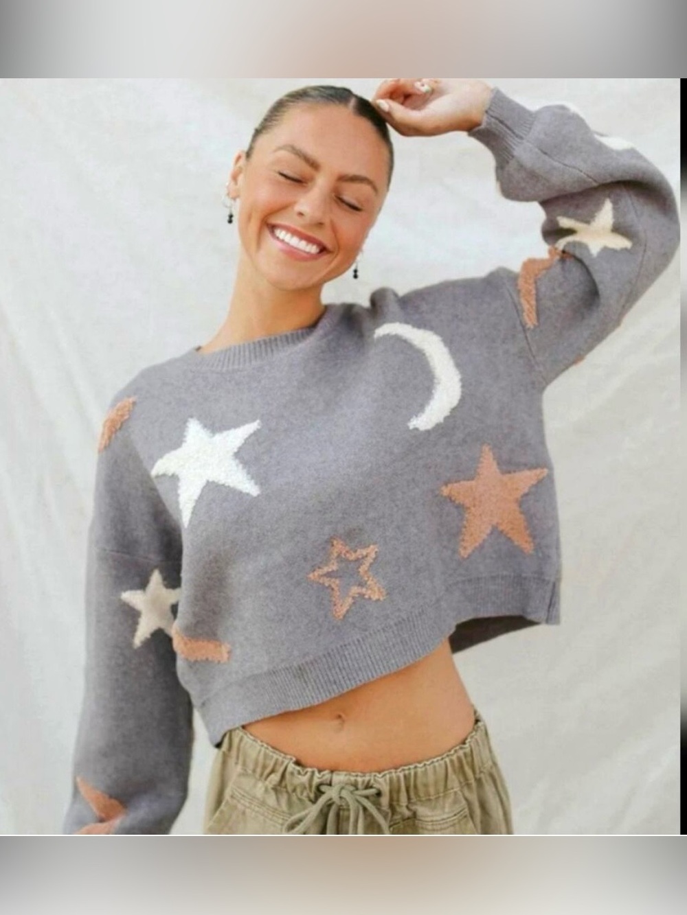 🧶THREADED LEAF Boutique Whimsical Moon & Stars Knit Sweater - Medium